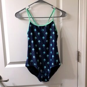 Old Navy Florida Palm Trees One Piece Swimsuit Pool Girls XL Navy Blue Sea Green